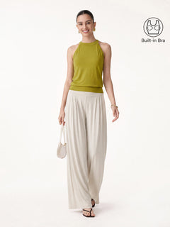 2Pcs Set Halter Neck Bra Tank & Tucked Pant with Pockets