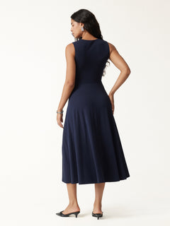 Ribbed Collared V-Neck Sleeveless A-Line Midi Bra Dress with Pockets