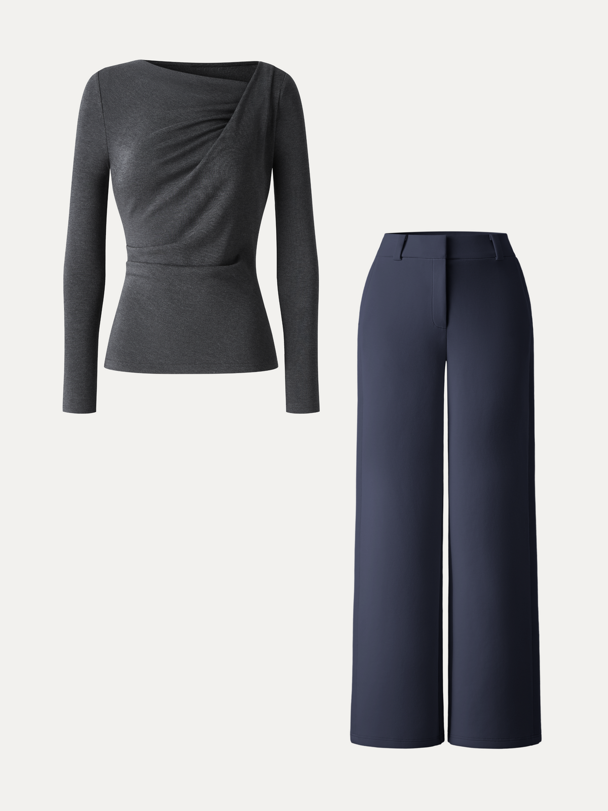 2Pcs Set Asymmetrical Neck Long Sleeve Top & Mid Rise Wide Leg Trouser