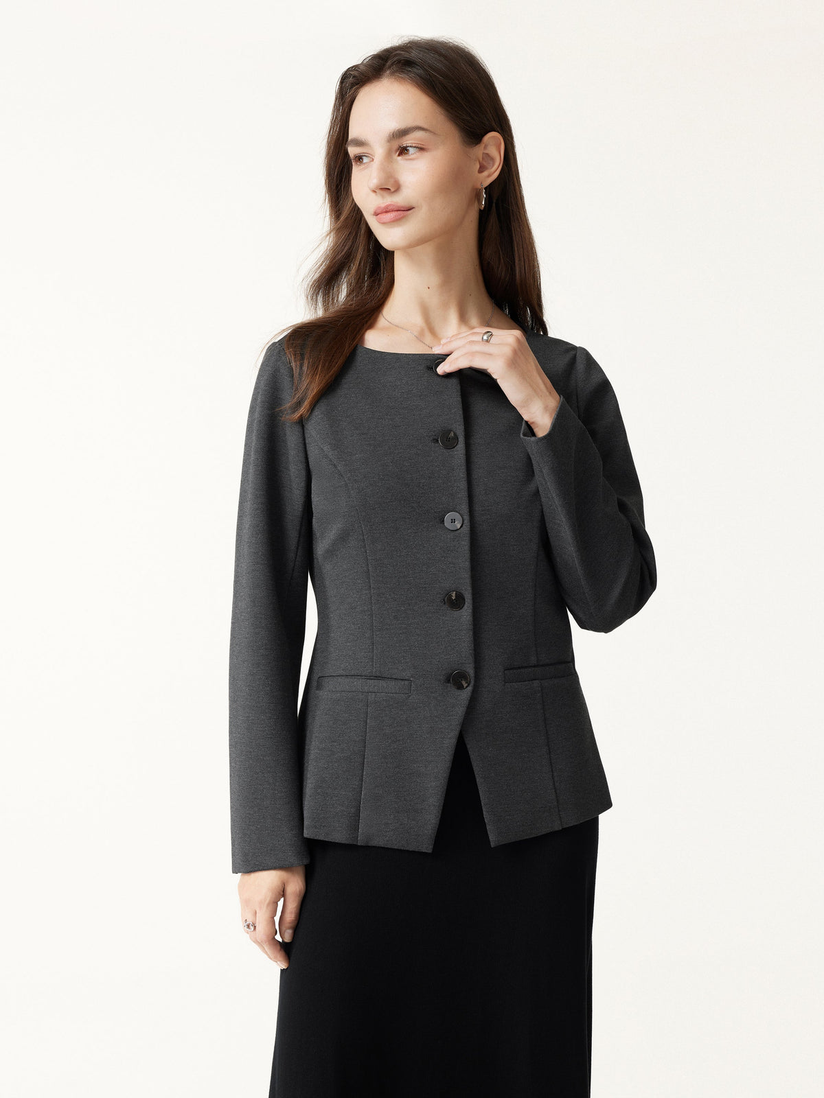 2Pcs Set Neck Long Sleeve Jacket with Pockets & Mid-Rise Wide-Leg Pants with Pockets