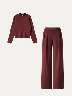 2Pcs Set Mock Neck Batwing Sleeve Top & High-Rise Wide-Leg Pants with Pockets