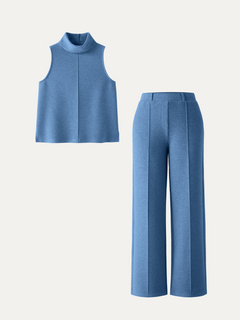 2Pcs Set Petite High Waisted Straight Leg Pant & Split Hem Top