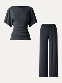 2Pcs Set Boatneck Batwing Sleeve Top & Mid-Rise Wide-Leg Lounge Pants