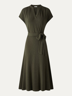 V-Neck Short Sleeve Belted Midi Dress