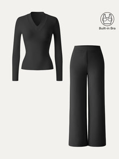 2Pcs Set V-neck Slimming Bra Top & Mid Rise Straight Pant with Pockets