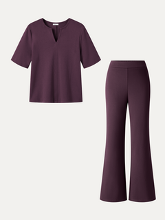2Pcs Set V-Neck Short Sleeve Top & High-Rise Wide-Leg Pants with Pockets