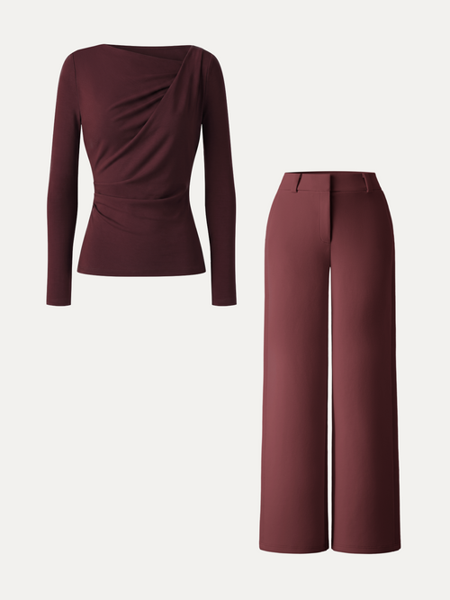 2Pcs Set Asymmetrical Neck Long Sleeve Top & Mid Rise Wide Leg Trouser