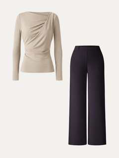 2Pcs Set Asymmetrical Neck Long Sleeve Top & Slimming High Rise Wide Leg Pant