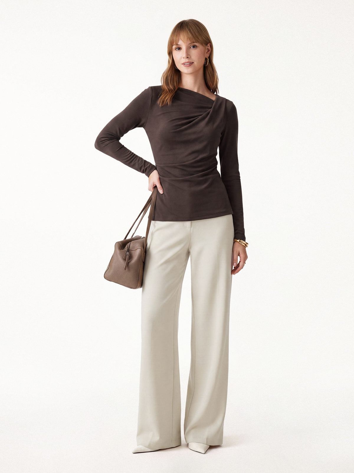 2Pcs Set Asymmetrical Neck Long Sleeve Top & Mid Rise Wide Leg Trouser