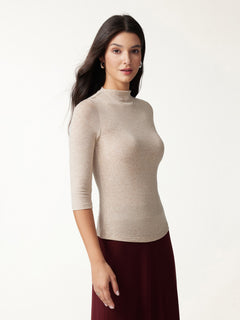 Premium Lyocell-Wool Knit Mock Neck 3/4 Sleeve Bra Top