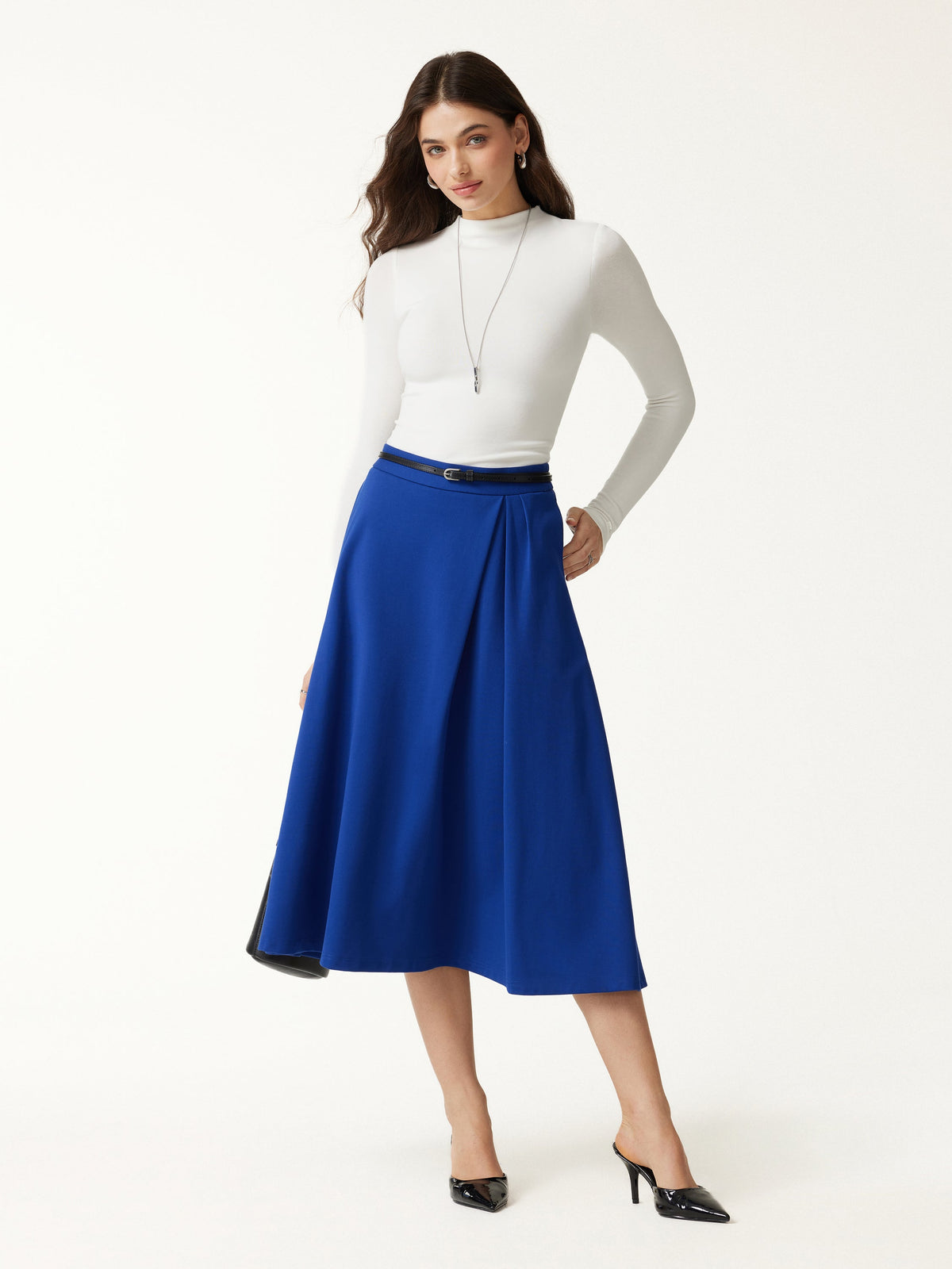 Ponte Mid-Rise Tucked A-Line Midi Skirt with Pockets