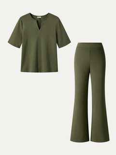 2Pcs Set V-Neck Short Sleeve Top & High-Rise Wide-Leg Pants with Pockets