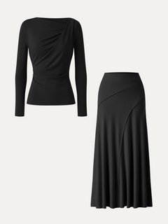 2Pcs Set Asymmetrical Neck Long Sleeve Top & Drapey A-Line Midi Skirt