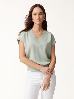 2Pcs Set V-Neck Short Sleeve Top & Cropped Straight-Leg Pants with Pockets