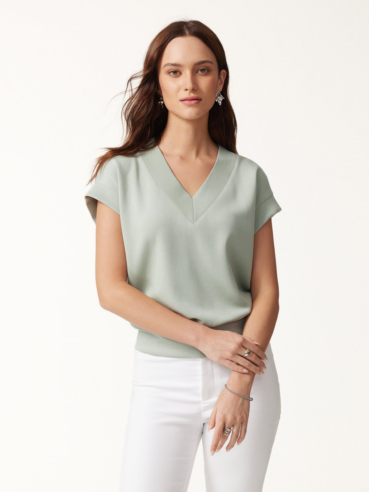2Pcs Set V-Neck Short Sleeve Top & Cropped Straight-Leg Pants with Pockets