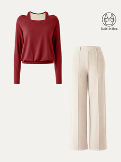2Pcs Set Multi-Wear Layering Bra Top & High Waisted Straight Leg Pull On Pant