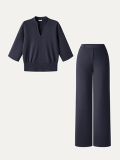 2Pcs Set V-Neck Elbow Sleeve Top & High-Rise Wide Leg Pants with Pockets