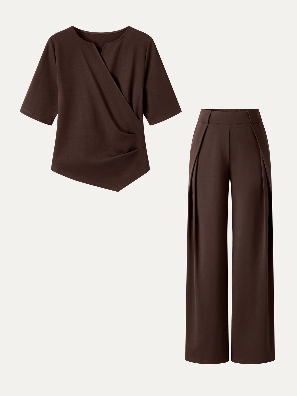 2Pcs Set Surplice Elbow Sleeve Top & Mid-Rise  Wide-Leg Tuck Pants with Pockets