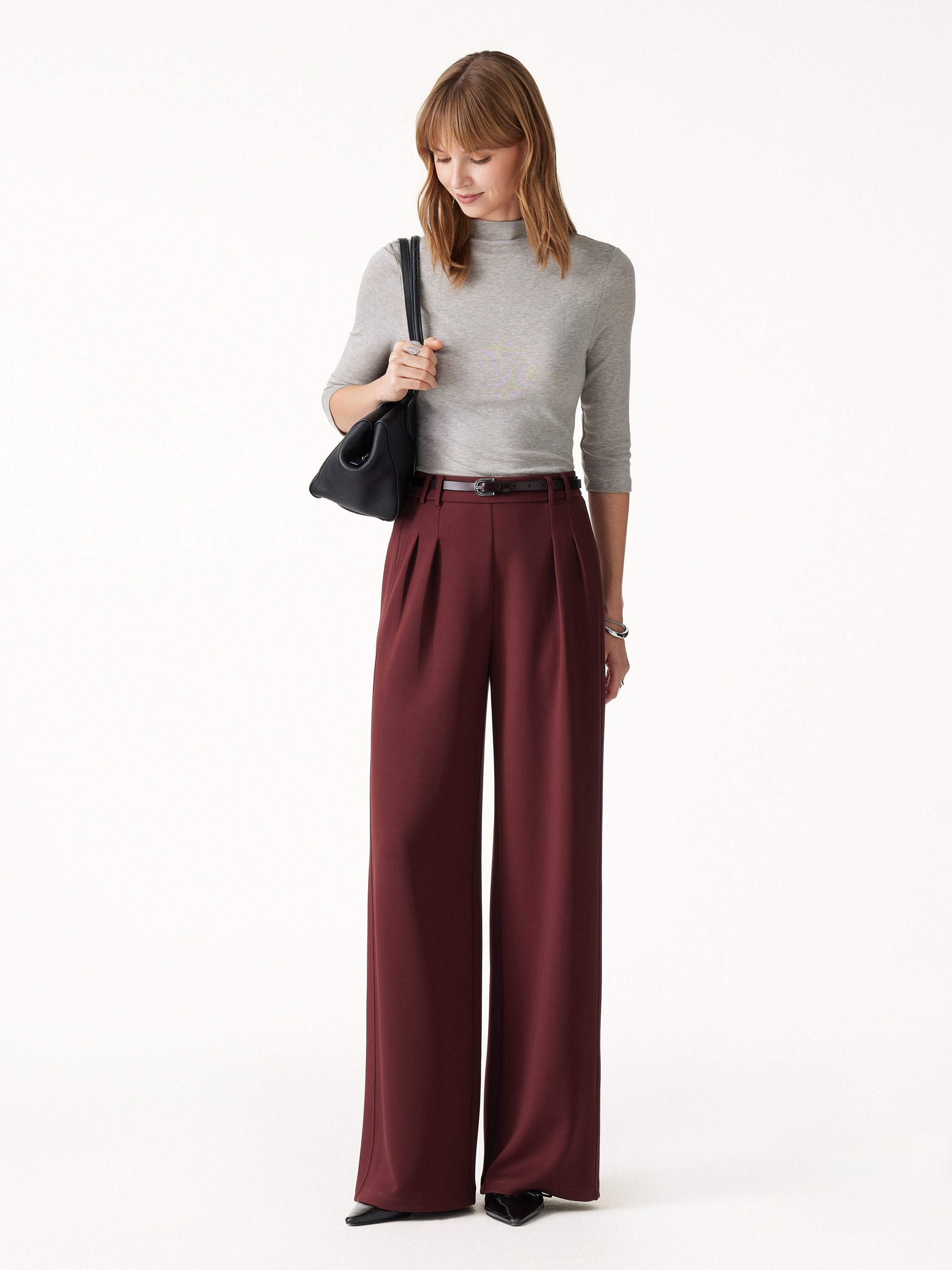 Lyocell Spacer Knit High-Rise Wide-Leg Tuck Pants with Pockets