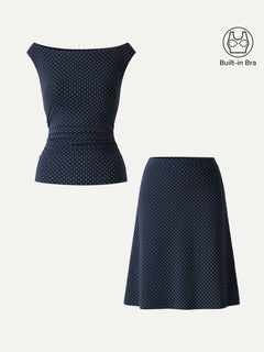 2Pcs Set Polka Dot Boatneck Bra Top & A-Line  Skirt Limited Edition