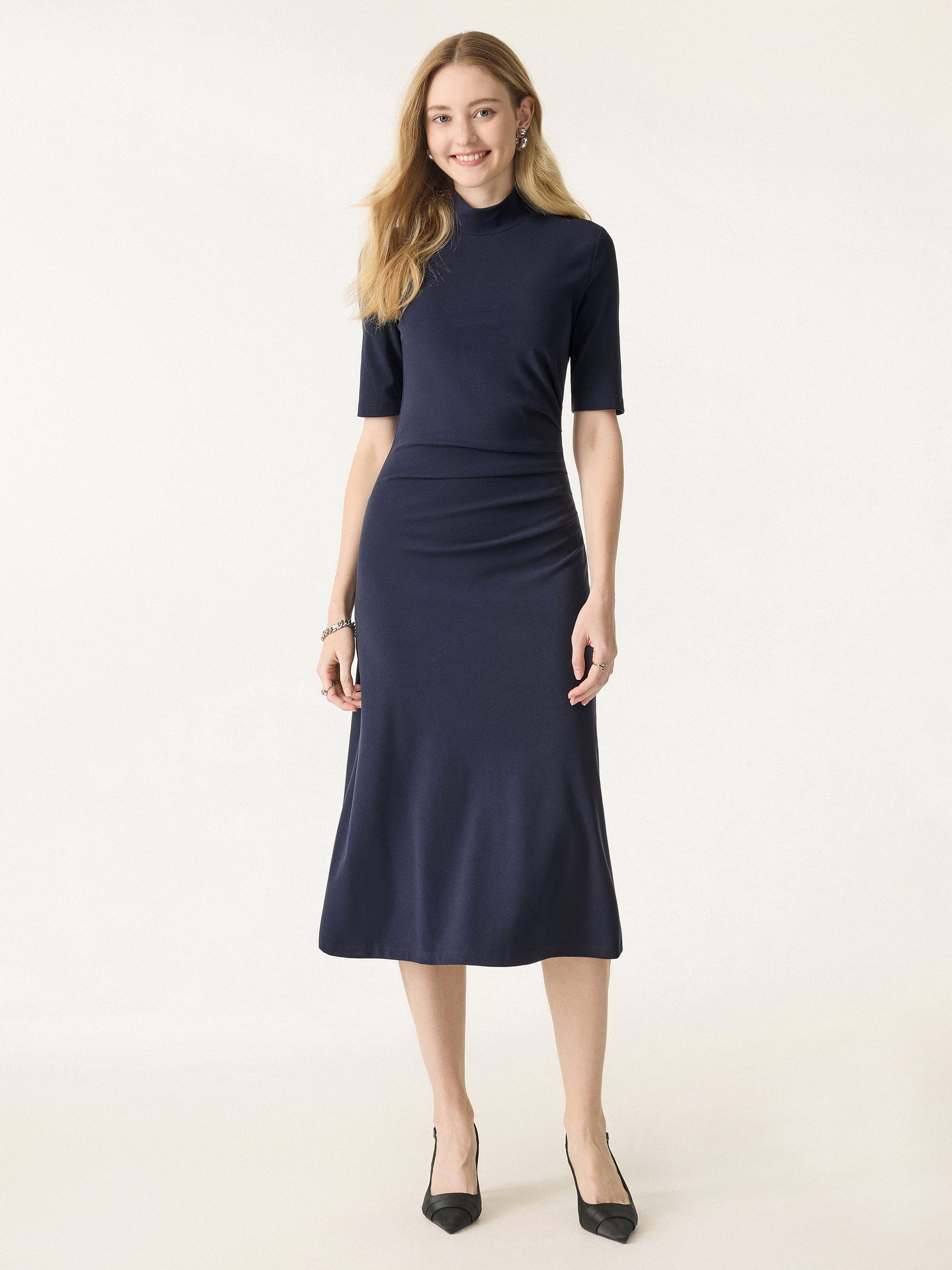 Cotton Blend Mock Neck Elbow Sleeve Tucked A-Line Midi Dress
