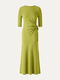 Slub Ribbed Round Neck Elbow Sleeve Tie-Waist Midi Dress