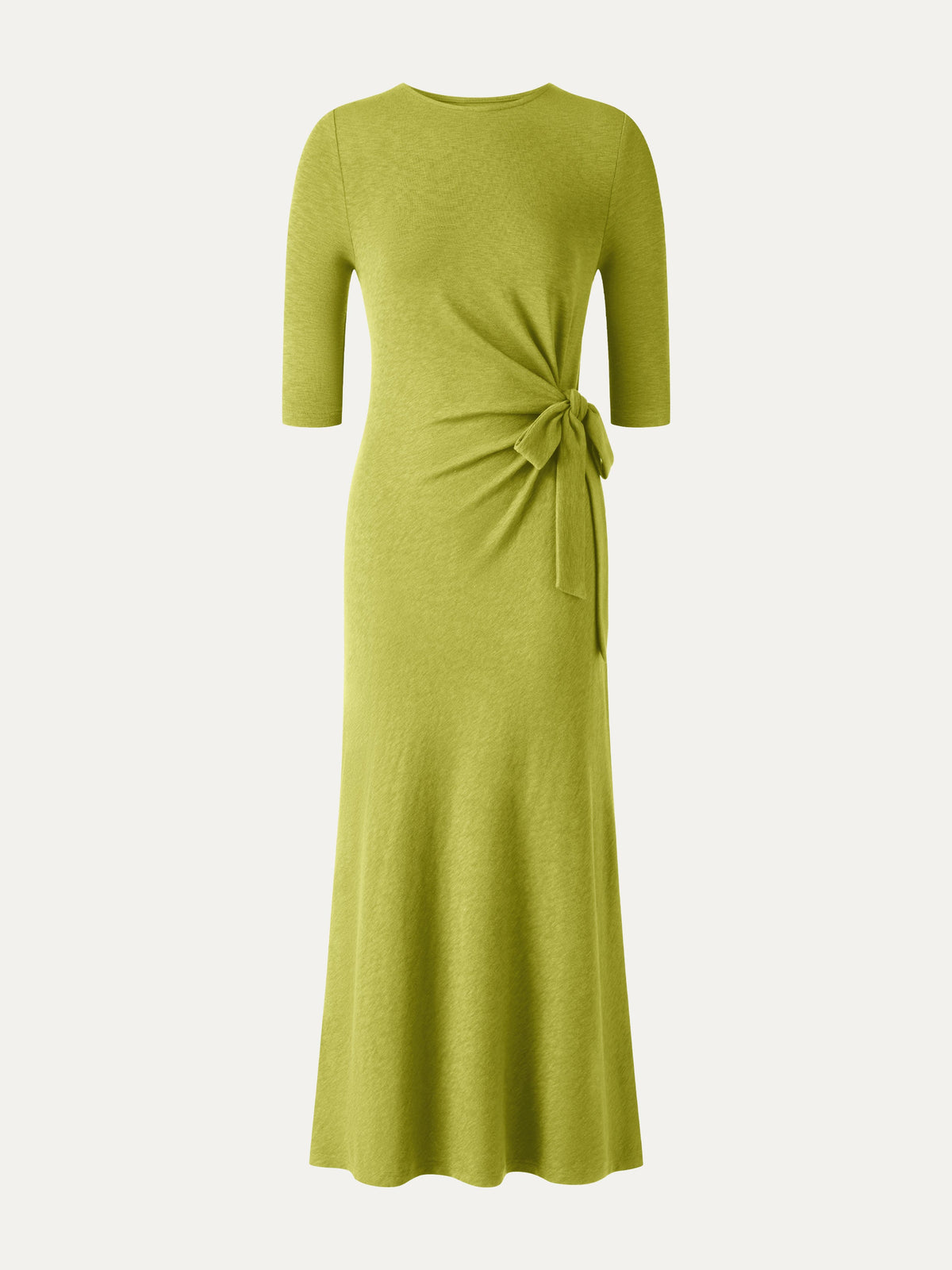 Slub Ribbed Round Neck Elbow Sleeve Tie-Waist Midi Dress