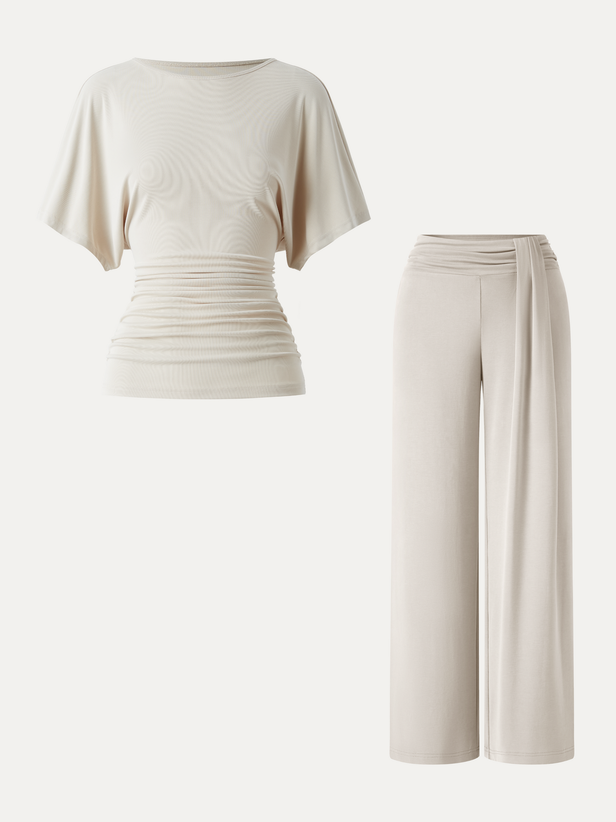 2Pcs Set Boatneck Batwing Sleeve Top & Mid-Rise Wide-Leg Lounge Pants