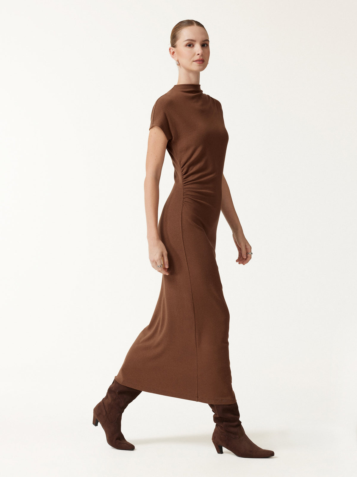 Eco-Mousse® Mock Neck Cap Sleeve Ruched Midi Dress
