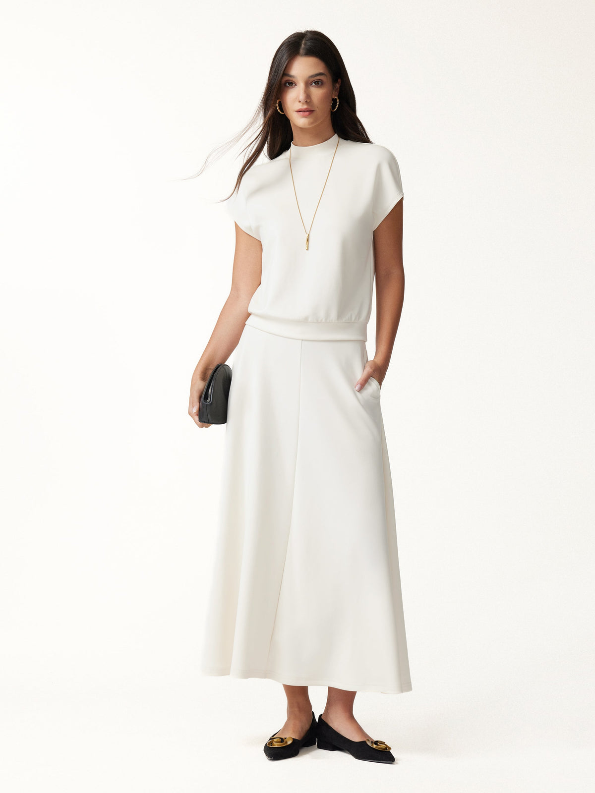 2Pcs Set Mock Neck Cap Sleeve Top & Umbrella Midi Skirt with Pockets