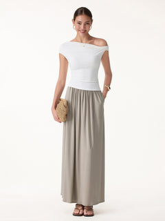 Linen Knit Gathered A-Line Maxi Skirt with Pockets