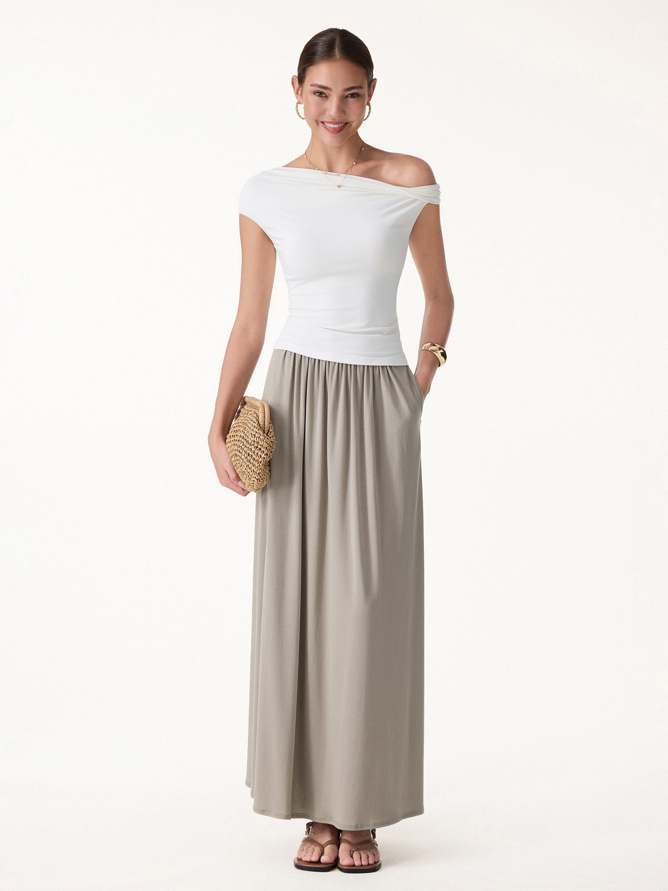 Linen Knit Gathered A-Line Maxi Skirt with Pockets