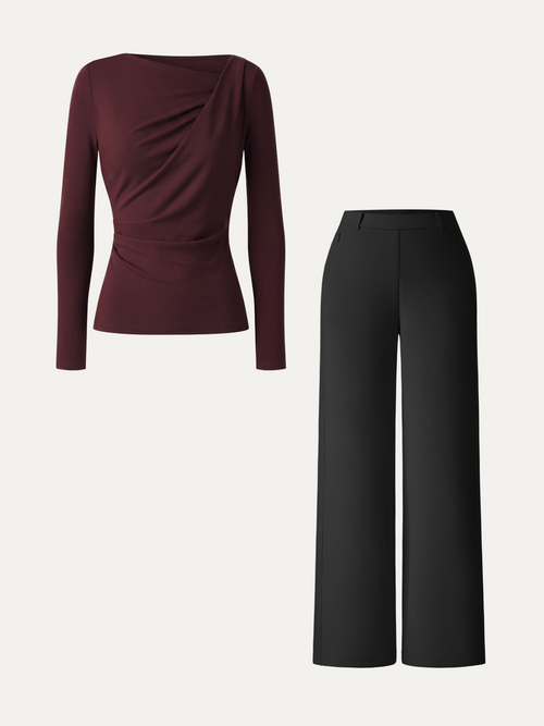 2Pcs Set Asymmetrical Neck Long Sleeve Top & Slimming High Rise Wide Leg Pant