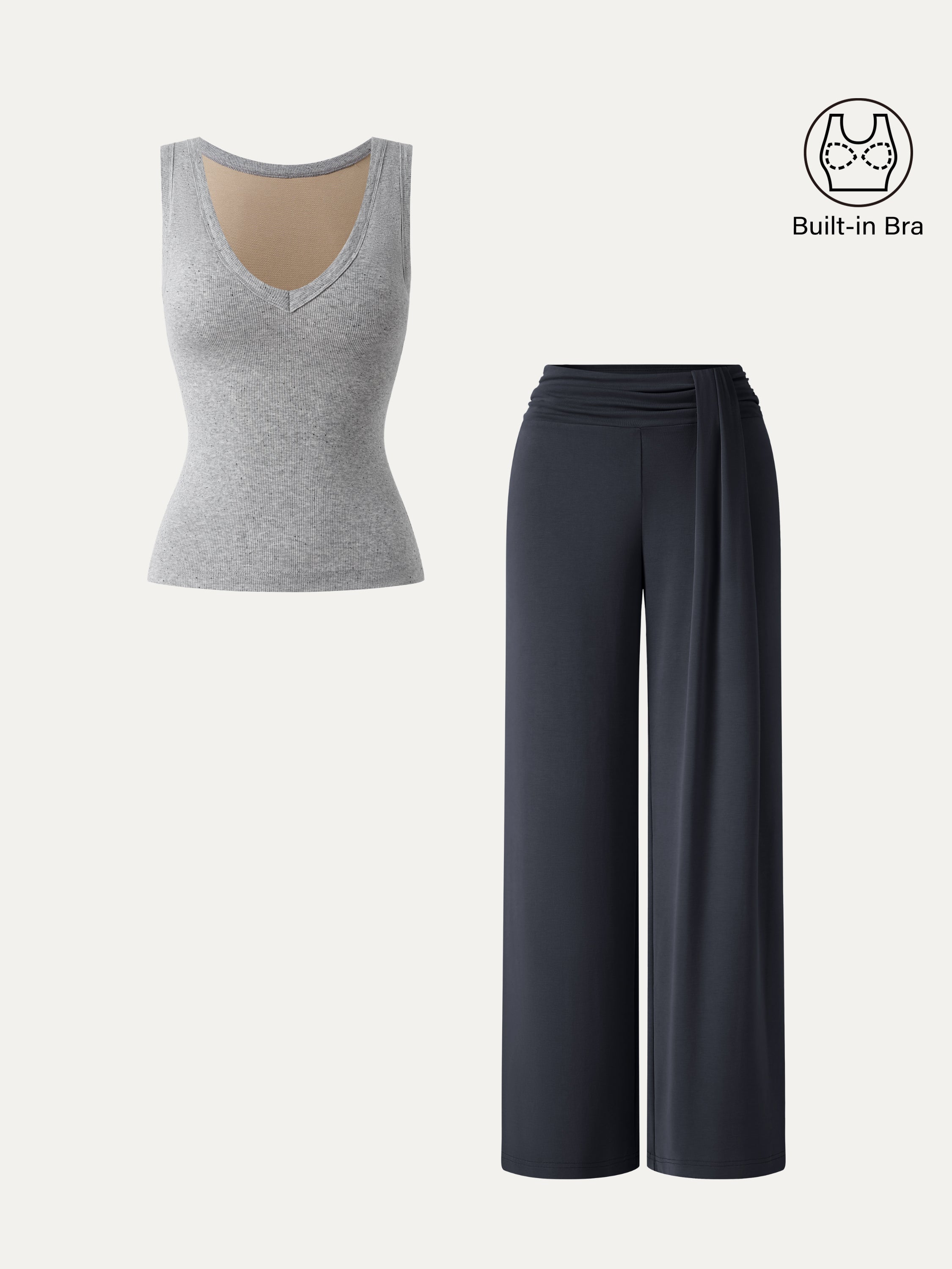 2Pcs Set V-neck Bra Tank & Mid-Rise Wide-Leg Lounge Pants