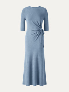 Slub Ribbed Round Neck Elbow Sleeve Tie-Waist Midi Dress