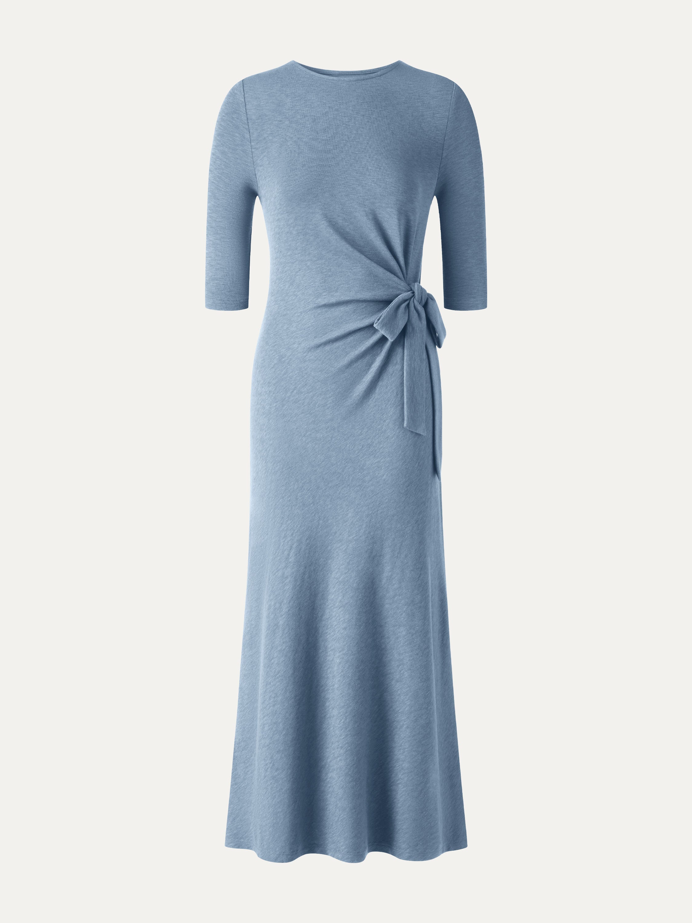 Slub Ribbed Round Neck Elbow Sleeve Tie-Waist Midi Dress