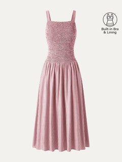 Striped Poplin Square Neck Smocked Midi Bra Dress