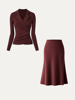 2Pcs Set Eco-Mousse® Collared Surplice Top & Soft Thermal Pull-On Midi Skirt