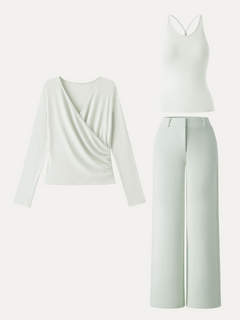 2Pcs Set Cami with Surplice Ruched Top & Mid Rise Fly-Front Wide Leg Trouser