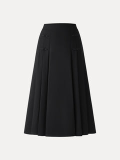 Pleated Frog Button Decor Midi A-line Skirt Limited Edition