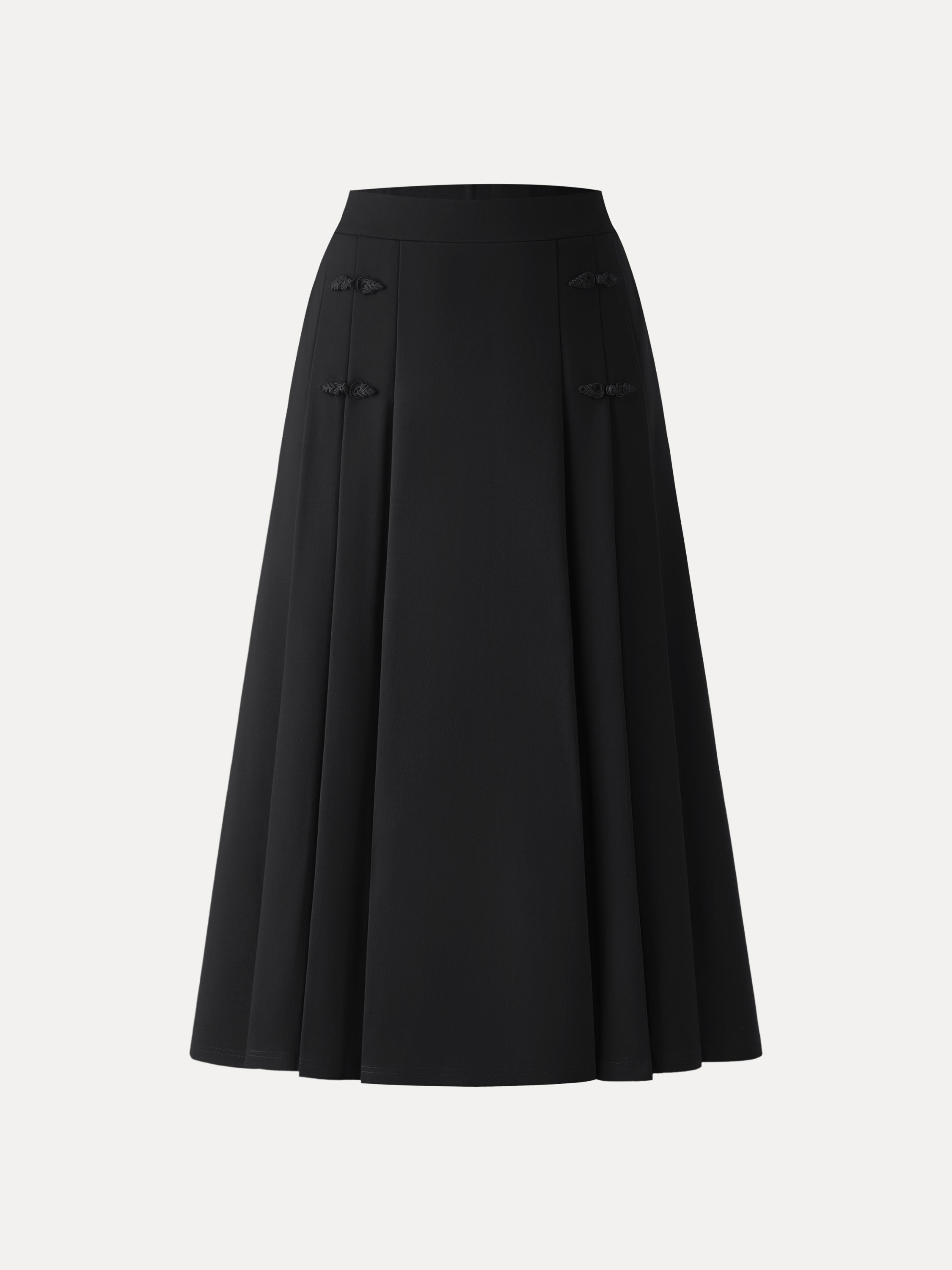 Pleated Frog Button Decor Midi A-line Skirt Limited Edition