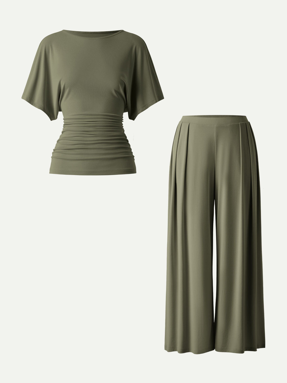 2Pcs Set Boatneck Sleeve Top & Wide Leg Palazzo Pant with Pockets