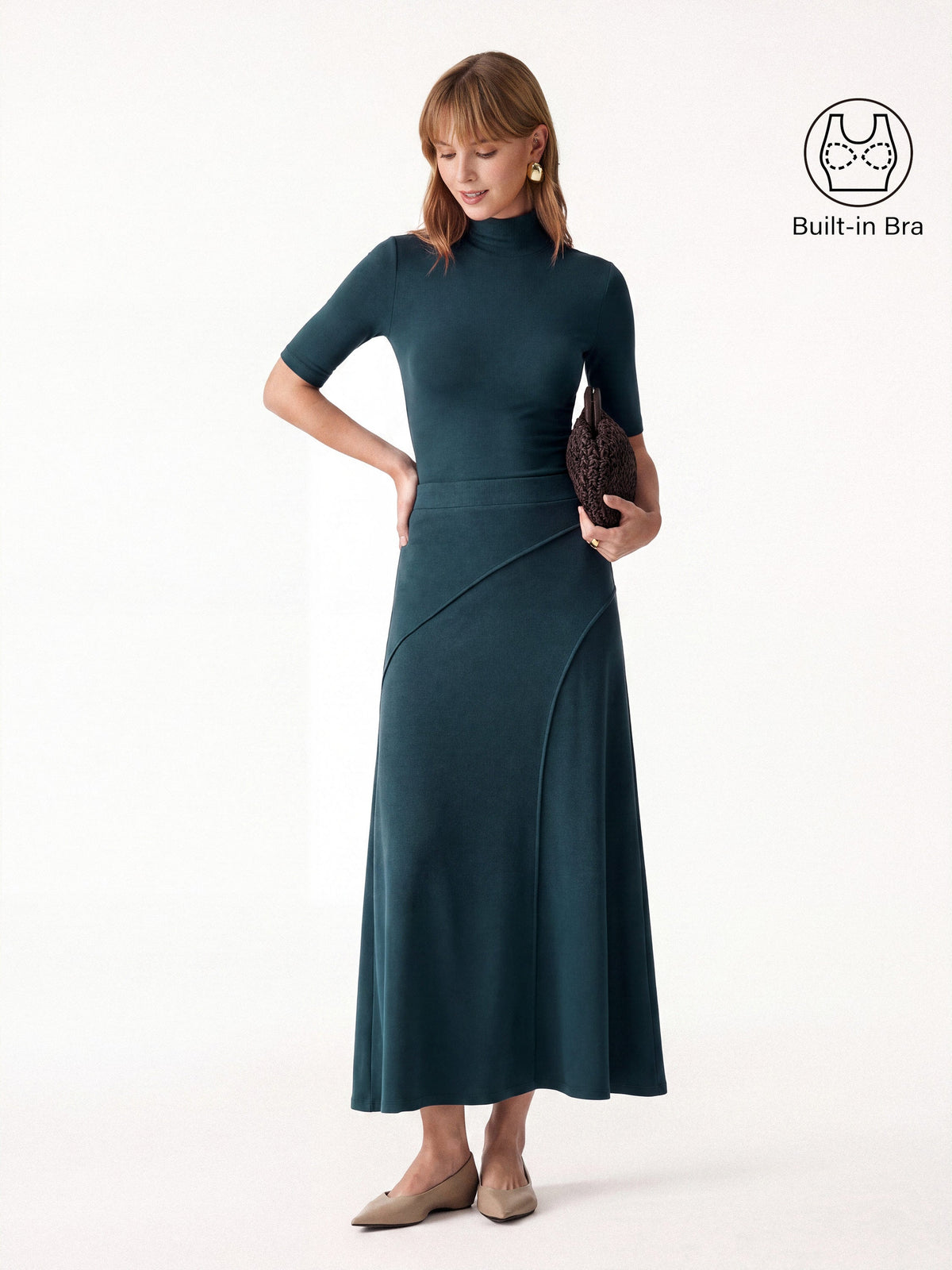 2Pcs Set Turtleneck Bra Top & Drapey A-Line Maxi Skirt