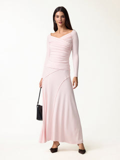 2Pcs Set Surplice Long Sleeve Ruched Top &  A-Line Midi Skirt