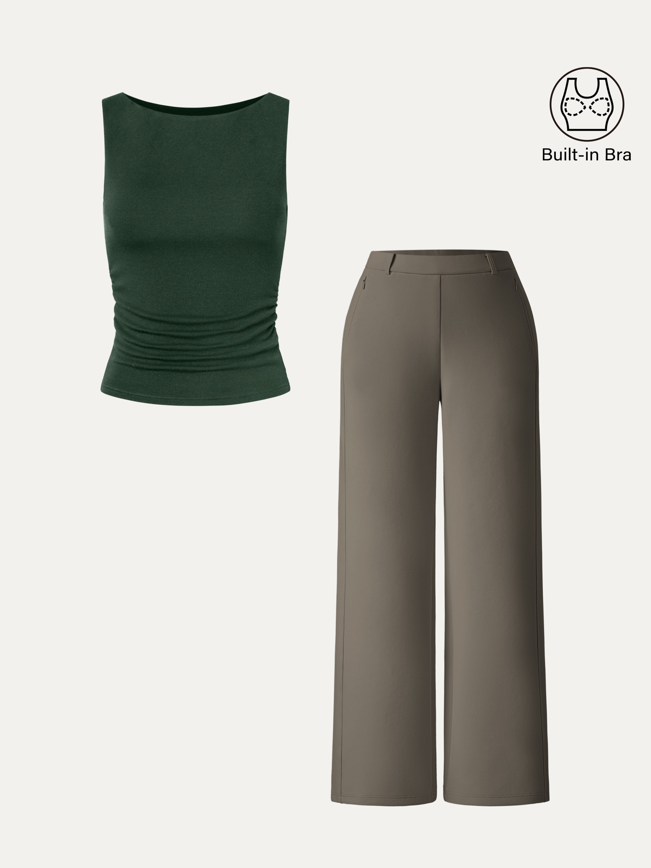 2Pcs Set Boat-Neck Tank Top & Slimming High Rise Wide Leg Pant