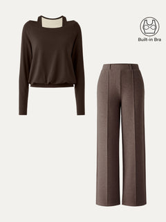 2Pcs Set Multi-Wear Layering Bra Top & High Waisted Straight Leg Pull On Pant