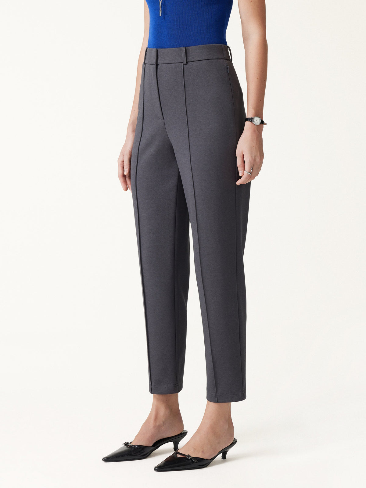 Modal Blend Ponte High-Rise Ankled Slim-Straight Pants with Pockets