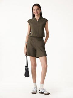 2Pcs Set Banded Hem Travel Top & Shorts with Pockets