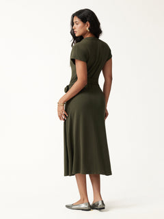 V-Neck Short Sleeve Belted Midi Dress