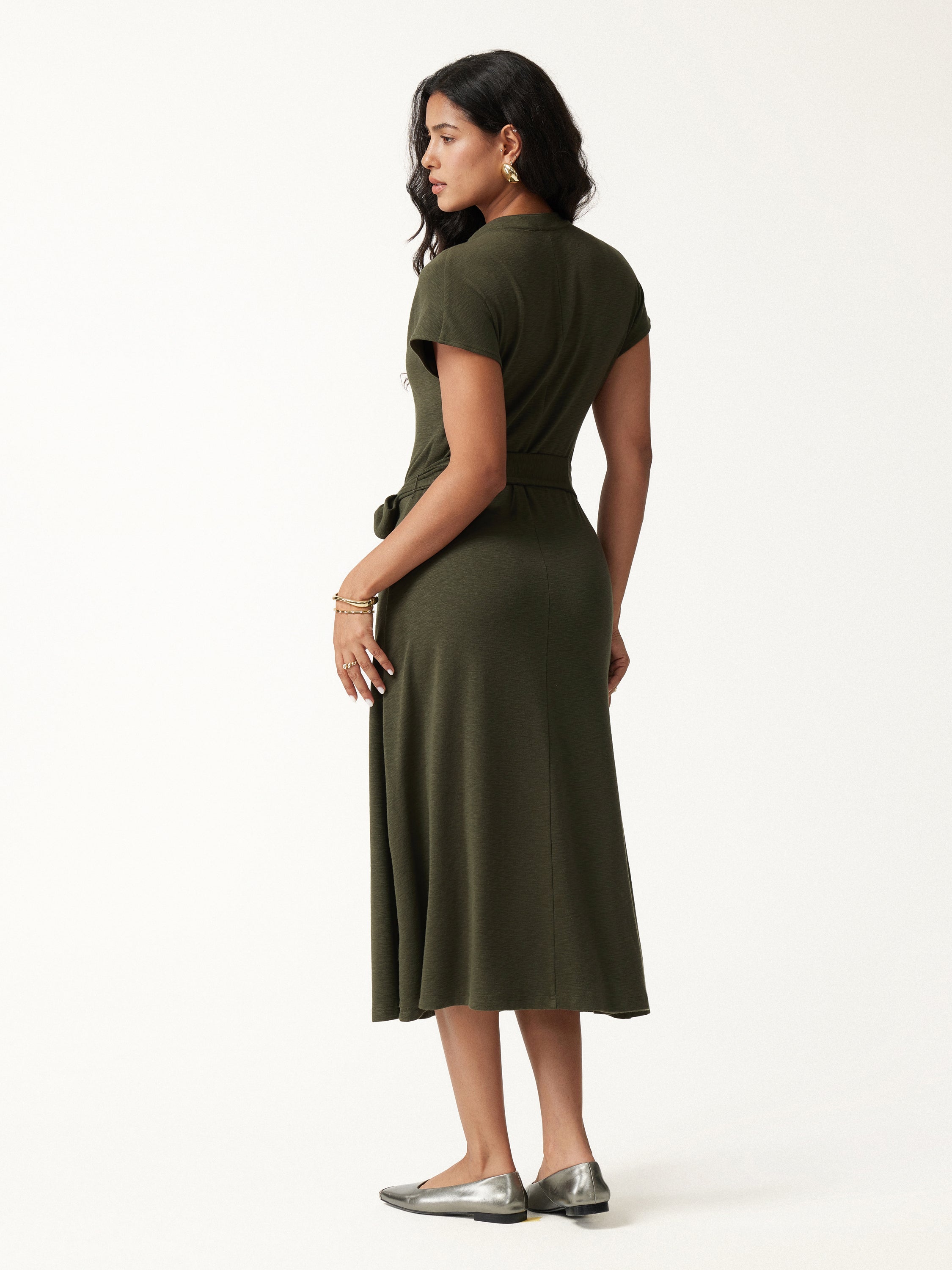 V-Neck Short Sleeve Belted Midi Dress